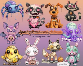 May include: A collection of spooky patchwork animal illustrations. The designs include a spider, raccoon, dog, cat, bat, octopus, chick, bunny, fox, and a green creature. Each character is stitched together with button eyes and a Halloween theme.