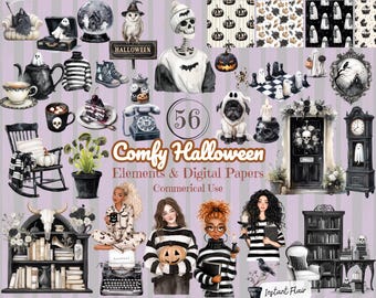 Comfy Halloween Clipart & Digital Papers – 45 PNG Graphics + 11 Seamless Backgrounds – Cozy Spooky Elements