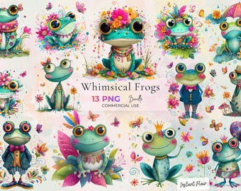 Whimsical Frog Clipart Bundle, Watercolor PNG Graphics (Digital Download)