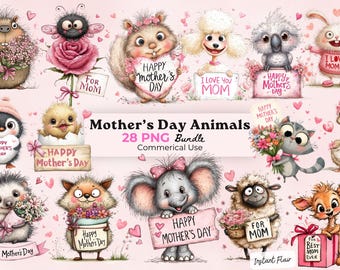 Mother's Day Animal Clipart Bundle, Adorable Mom PNG Graphics (Digital Download)