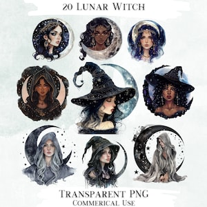 Lunar Witch Clip Art Bundle, 20 Transparent PNG Designs, Decorative Images, Digital Designs for Commercial Use