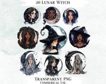 Pacchetto di clipart di streghe lunari ad acquerello, disegni PNG trasparenti (disegni digitali)