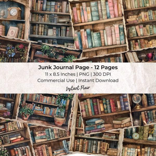 Bookshelves Junk Journal Printable Pages: Collage Sheets (Instant Download)