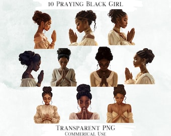 Praying Black Women Watercolor Clipart, PNG Bundle (Commercial Use)