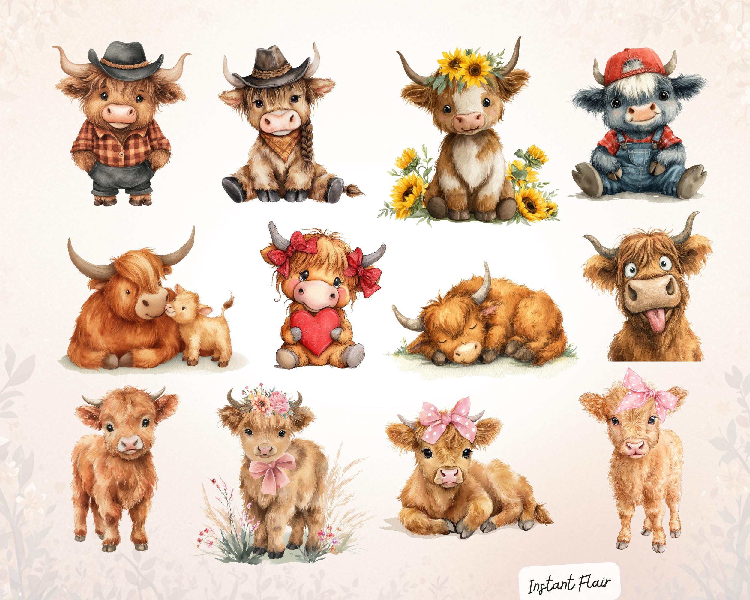 Highland Cow Watercolor Clipart | Baby Cow PNG Bundle (digital Download ...