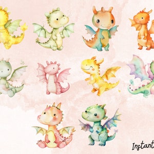 May include: A set of ten watercolor illustrations of cute cartoon dragons with wings. The dragons are in various colors, including yellow, green, orange, pink, and blue. The dragons are all smiling and have big eyes. The illustrations are perfect for adding a whimsical touch to any project.