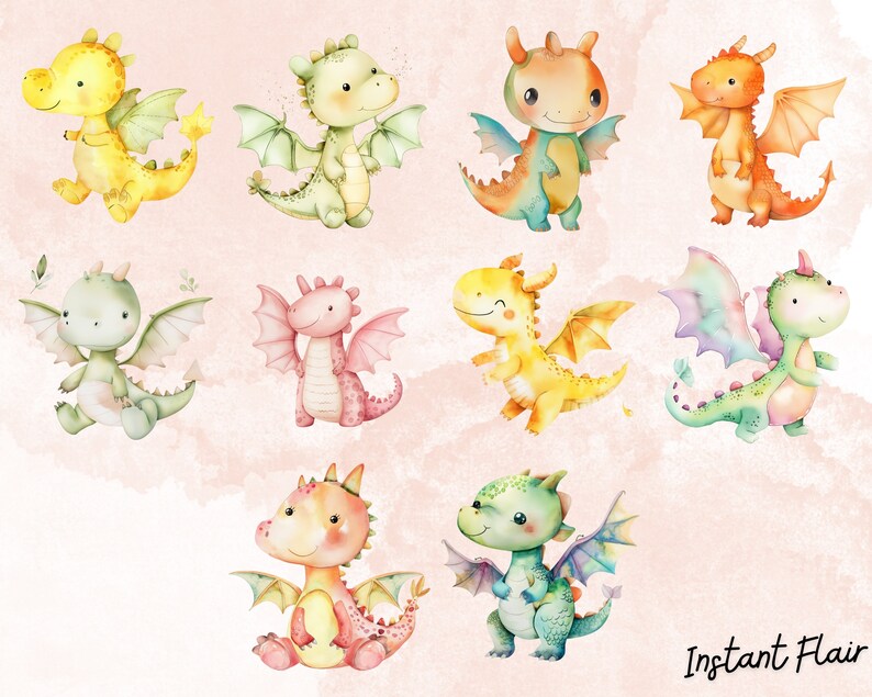 May include: A set of ten watercolor illustrations of cute cartoon dragons with wings. The dragons are in various colors, including yellow, green, orange, pink, and blue. The dragons are all smiling and have big eyes. The illustrations are perfect for adding a whimsical touch to any project.