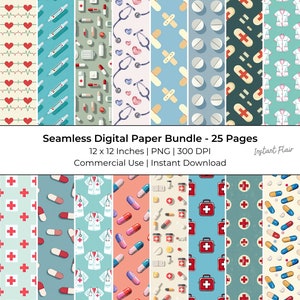 Papel digital para enfermeras: 25 páginas con collages sin costuras e imprimibles para diarios basura, uso comercial, descarga instantánea