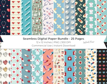 Nurse Digital Paper: 25 Pages Seamless Collage Sheets and Junk Journal Printables, Commerical Use, Instant Download
