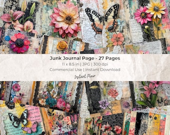 Papel de diario bohemio: Collage floral, 27 páginas JPG (descarga digital)