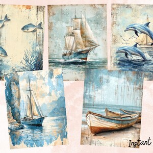 May include: A collage of five images with a nautical theme. The top left image features a light blue wooden background with three blue fish. The top middle image shows a blue and white sailboat on a blue ocean. The top right image shows two blue dolphins jumping out of the water. The bottom left image shows a blue sailboat on a blue ocean. The bottom right image shows two wooden boats on a sandy beach.