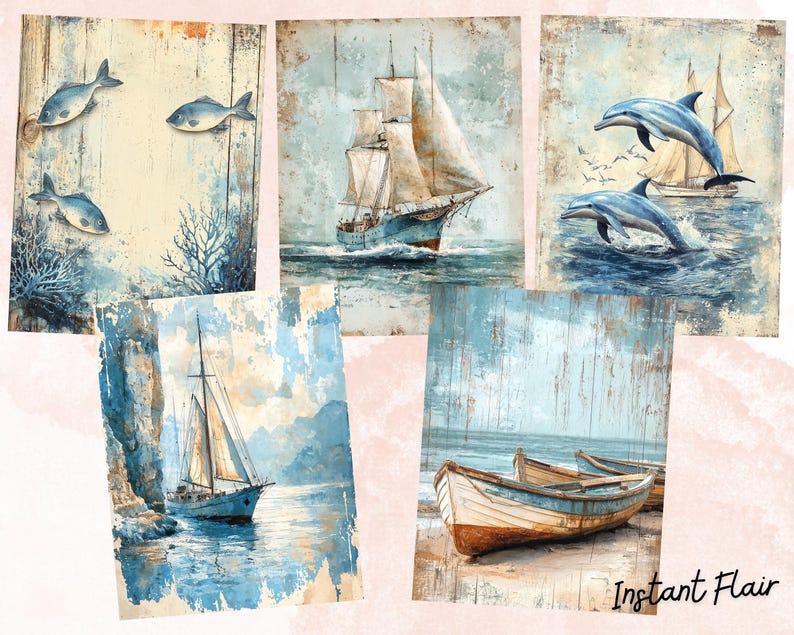 May include: A collage of five images with a nautical theme. The top left image features a light blue wooden background with three blue fish. The top middle image shows a blue and white sailboat on a blue ocean. The top right image shows two blue dolphins jumping out of the water. The bottom left image shows a blue sailboat on a blue ocean. The bottom right image shows two wooden boats on a sandy beach.