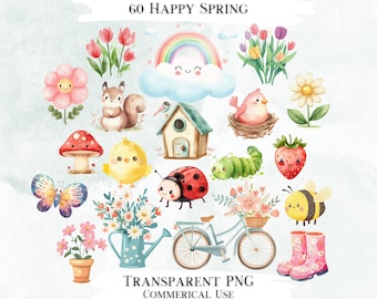 Happy Spring Watercolor Clipart Bundle, 60 PNG Designs (Digital Download)