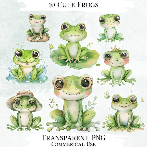 Cute Frog Clip Art Bundle, 10 Transparent PNG Designs, Decorative Images, Digital Designs for Commercial Use