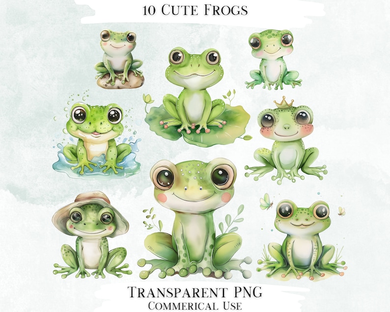 Akvarell groda clipart-paket, transparenta PNG-designer (digital nedladdning) bild 1