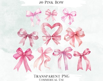 Imágenes prediseñadas de acuarela con lazo rosa, paquete de PNG transparentes (20 diseños)