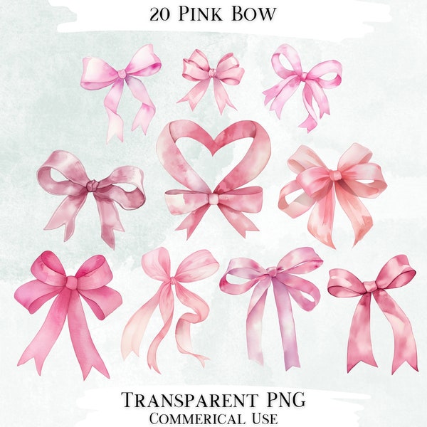 Pink Bow Clip Art Bundle, 20 Transparent PNG Designs, Decorative Images, Digital Designs for Commercial Use