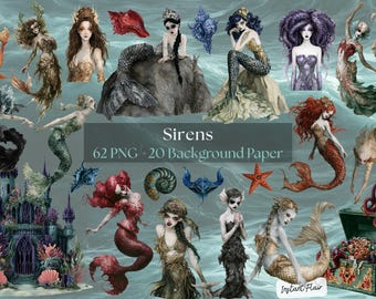 May include: A digital collection of 62 PNG siren illustrations and 20 background papers featuring various mermaids with diverse hair colors, tails, and poses, alongside underwater elements like a castle, seashells, and a treasure chest.