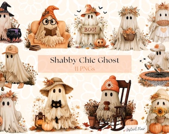 May include: A collection of eleven digital illustrations featuring white ghosts in various autumn-themed settings, including pumpkins, hats, flowers, and furniture. The central text reads Shabby Chic Ghost 11 PNGs, with Instant Flair at the bottom.
