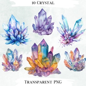 May include: Ten watercolour illustrations of different crystals in various colours, including purple, blue, yellow, and orange. The crystals are drawn in a realistic style and have a transparent appearance. The text "10 CRYSTAL" and "TRANSPARENT PNG" is visible at the top and bottom of the image.