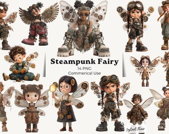 Steampunk Fairy Clipart Bundle, Fantasy Character PNG Graphics (Digital Download)