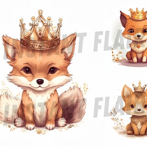 Fox King Clip Art Bundle of 4 PNG designs, aquarelle, mignon, conceptions numériques de chambre d'enfant pour un usage commercial, renard avec couronne, petit, artistique
