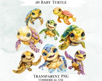 Op de afbeelding: 20 Baby Turtle Clipart-afbeeldingen. Digitale download van schattige cartoon-schildpadden met kleurrijke schilden. Perfect voor knutselen, scrapbooking en meer.