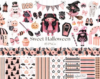 May include: A digital collection of 85 Halloween-themed PNG graphics featuring characters like a vampire, witch, mummy, and black cat in a pink and black color palette. Includes pumpkins, ghosts, bats, bows, floral borders, and patterned backgrounds.