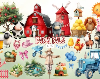 Farm Pals Clipart Bundle, Watercolor Farm Animals and Barn Graphics (Digital Download)