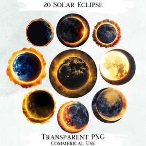 Solar Eclipse Clip Art Bundle, 20 Transparent PNG Designs, Decorative Images, Digital Designs for Commercial Use