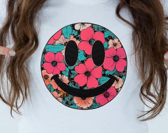 Cara sonriente floral PNG – Gráfico floral retro – Descarga digital – Uso comercial