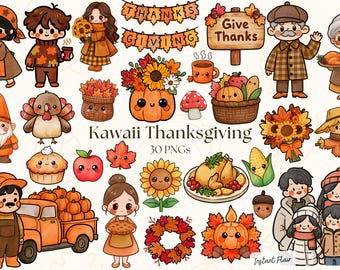 May include: A collection of thirty digital illustrations featuring Thanksgiving-themed characters and objects, including a turkey, pumpkins, sunflowers, a roasted chicken, autumn leaves, a truck filled with pumpkins, and people in seasonal clothing.