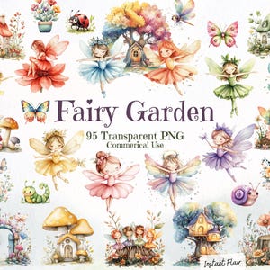 Feengarten Clipart, 95 Aquarell magische Feen Bündel, niedlicher verzauberter Wald PNG, Geburtstagsdekor, kommerzielle Nutzung