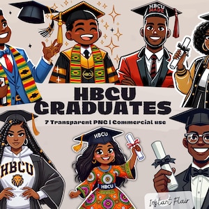 7 imágenes prediseñadas de graduados de HBCU – Estilo acuarela – PNG transparente – Uso comercial – Descarga instantánea