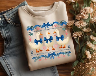 Cottagecore Goose Trio Clipart | Blue Bow Farmhouse PNG (Digital Download)