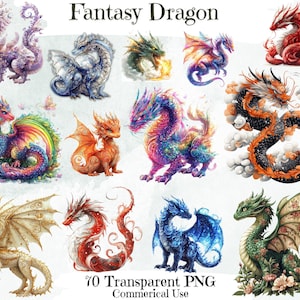 70 ファンタジー ドラゴン クリップアート バンドル - 水彩画のエーテル ドラゴン - 魔法のドラゴン PNG - スクラップブッキング用のデジタル ダウンロード