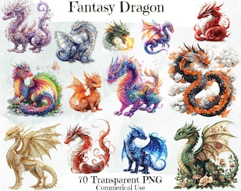 May include: A selection of watercolour fantasy dragon illustrations in various colours, including purple, blue, red, orange, and green. The image includes the text "Fantasy Dragon" and "70 Transparent PNG Commercial Use."