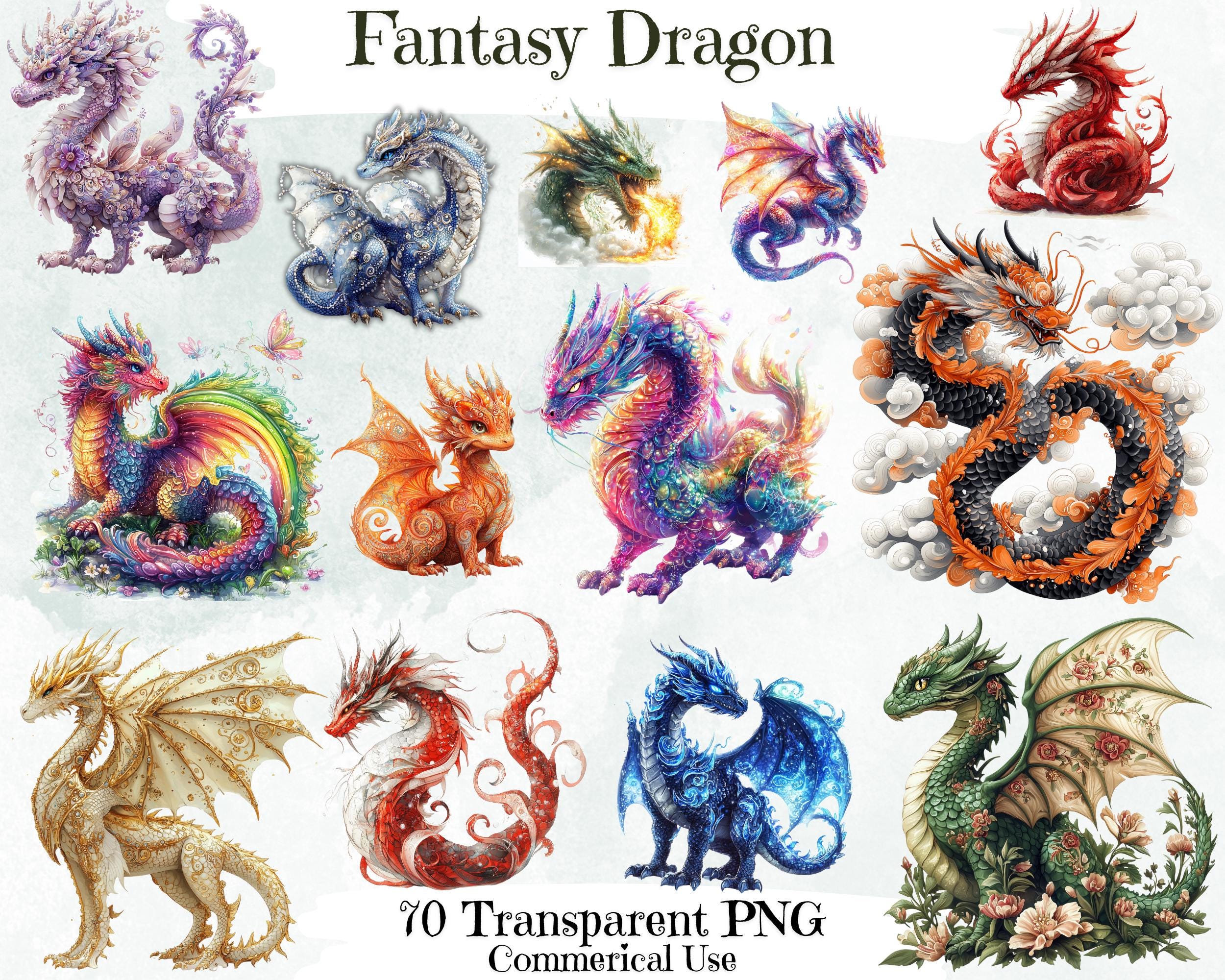 水彩ファンタジードラゴンのクリップアート – エーテルPNGバンドル