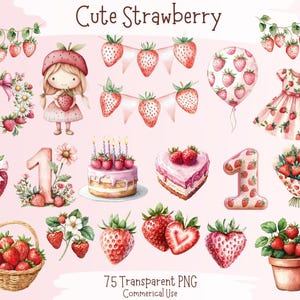 75 lindas imágenes prediseñadas de acuarela de fresas – PNG transparente – Uso comercial – Descarga instantánea