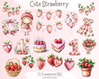 Strawberry Watercolor Clipart – 75 PNG Designs, Commercial Use (Digital Download)