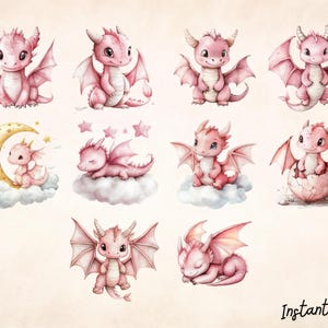 May include: Ten watercolor illustrations of pink baby dragons in various poses. Some dragons are sleeping on clouds, others are sitting on crescent moons, and some are hatching from eggs. The illustrations are perfect for a nursery or children's room.