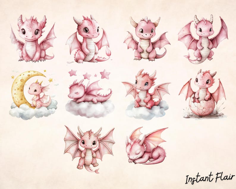 May include: Ten watercolor illustrations of pink baby dragons in various poses. Some dragons are sleeping on clouds, others are sitting on crescent moons, and some are hatching from eggs. The illustrations are perfect for a nursery or children's room.
