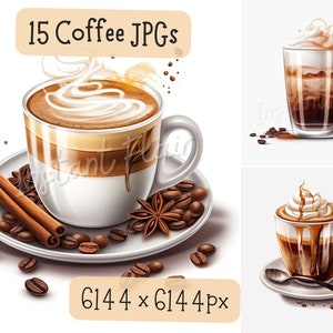 Pacchetto di clipart di caffè, 15 disegni JPG, Lattee, bevanda ghiacciata, tostatura scura, decaffeinato, immagini decorative ad acquerello, disegni digitali per uso commerciale