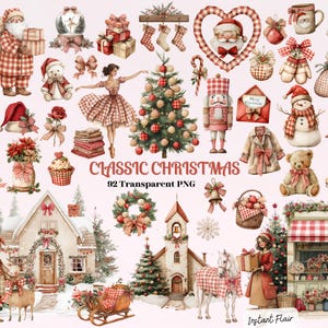以下が含まれることがあります： 水彩画のクリスマスをテーマにしたイラストのコレクション。サンタクロース、クリスマスツリー、バレリーナ、雪だるま、赤と白のギンガムチェック模様の様々なホリデーデコレーションが特徴です。「CLASSIC CHRISTMAS」というテキストが表示されています。