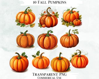 Pumpkin Clip Art Bundle, 10 PNG Designs, Decorative Images, Digital Designs for Commercial Use