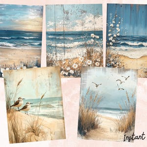 May include: Five digital collage sheets featuring a beach scene with blue water, white sand, and seagulls. The top three sheets feature a wooden background with white flowers. The bottom two sheets feature a beach scene with tall grass and seagulls flying overhead. The bottom right sheet has the text "Instant Flair" in the bottom right corner.