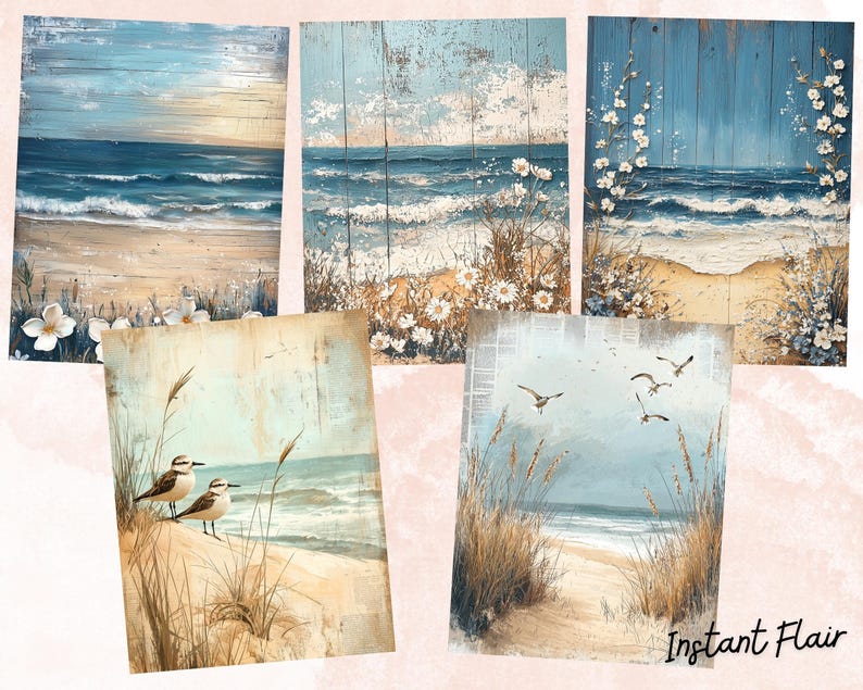 May include: Five digital collage sheets featuring a beach scene with blue water, white sand, and seagulls. The top three sheets feature a wooden background with white flowers. The bottom two sheets feature a beach scene with tall grass and seagulls flying overhead. The bottom right sheet has the text "Instant Flair" in the bottom right corner.