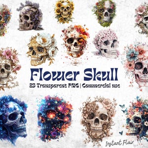 Blumen Schädel Clipart, Florale Schädel Illustrationen, digitaler Download PNG, kommerzielle Nutzung, Gothic Art Stickers