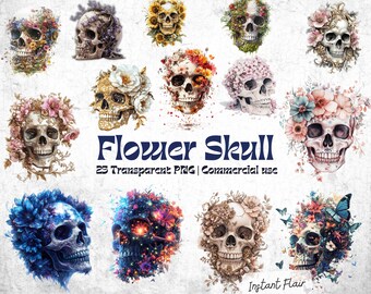 May include: A set of 23 digital images featuring skull illustrations adorned with colorful flowers. The skulls are depicted in various poses and floral arrangements, with a variety of colors and styles. The images are labeled "Flower Skull" and are for commercial use.