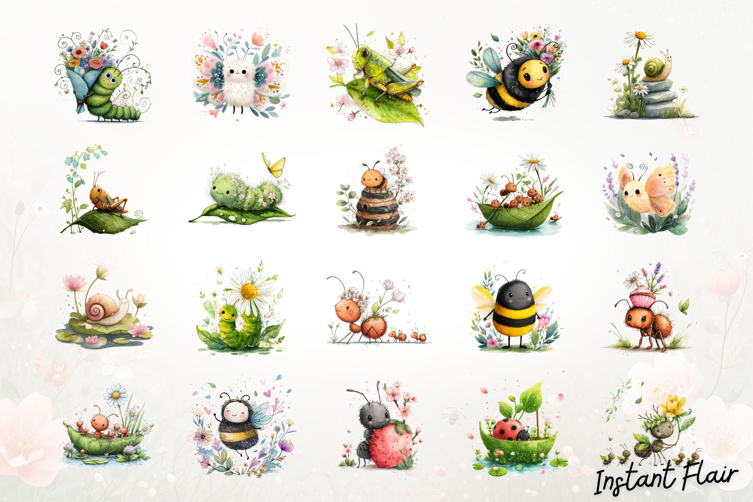 Watercolor Spring Bugs Clipart – Kawaii Insect PNG Graphics - Etsy